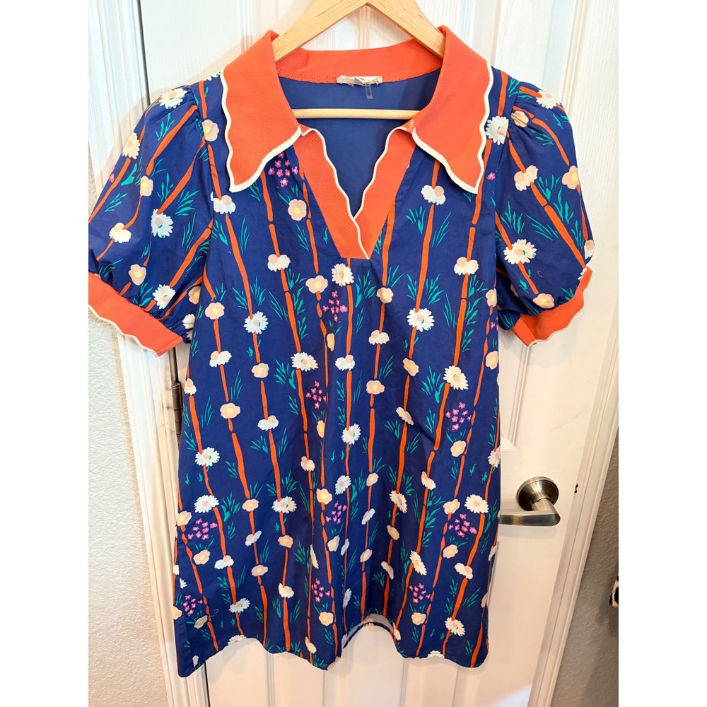 Entro Mini Dress Blue Floral Orange Scalloped Collar Short Sleeve Shift